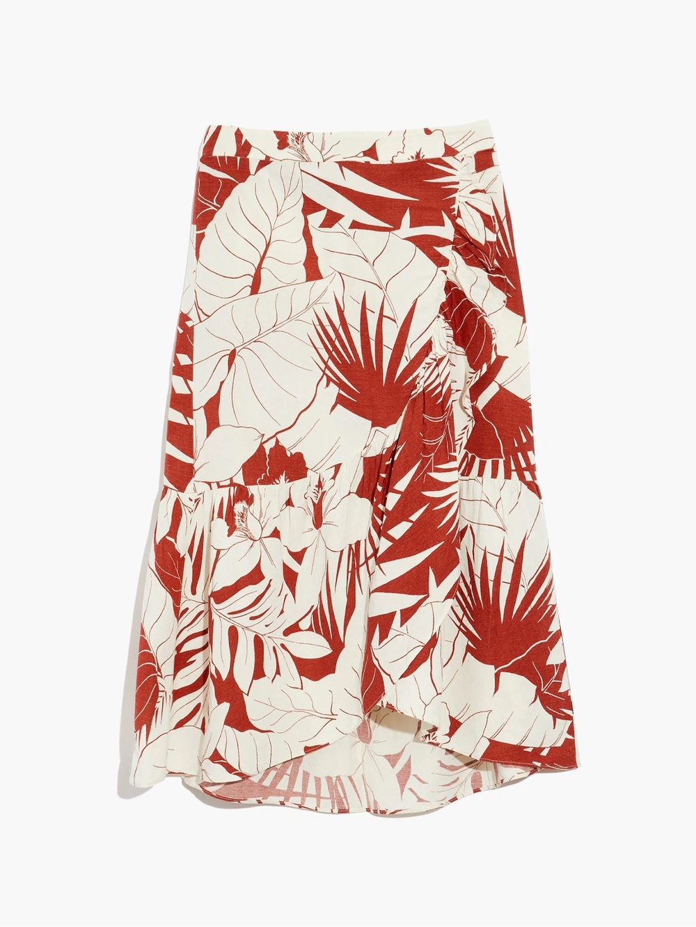Madewell Linen-Blend Ruffle-Wrap Midi Skirt in Tropical Vacation